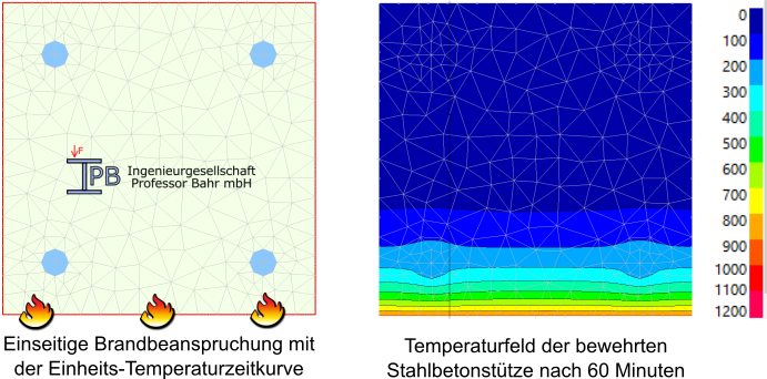 Discretization of the column (left) and temperature field after 60 minutes of fire (right) according to the ISO standard fire